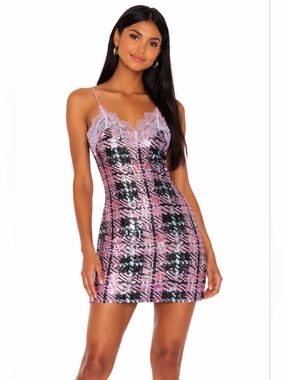 NBD Ansley Rose Gold Plaid Sequin Lace Trim Mini Dress Size Medium Festival chic